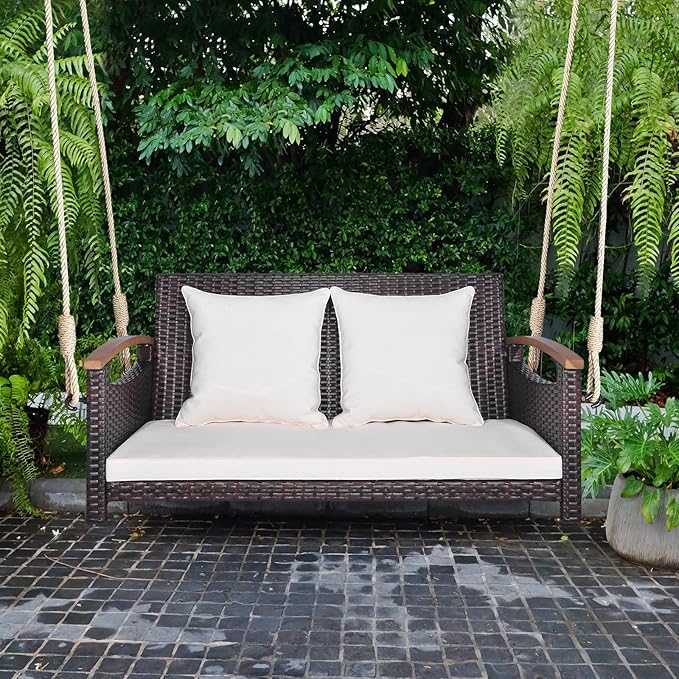 HAPPYGRILL 2-Seater Hanging Swing, Outdoor PE Rattan Hanging Swing with Curved Acacia Wood Armrests, Padded Cushions, Porch Swing Bench, Perfect for Patio Garden Deck, 800 lbs Weigh Capacity