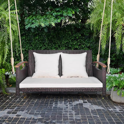 HAPPYGRILL 2-Seater Hanging Swing, Outdoor PE Rattan Hanging Swing with Curved Acacia Wood Armrests, Padded Cushions, Porch Swing Bench, Perfect for Patio Garden Deck, 800 lbs Weigh Capacity