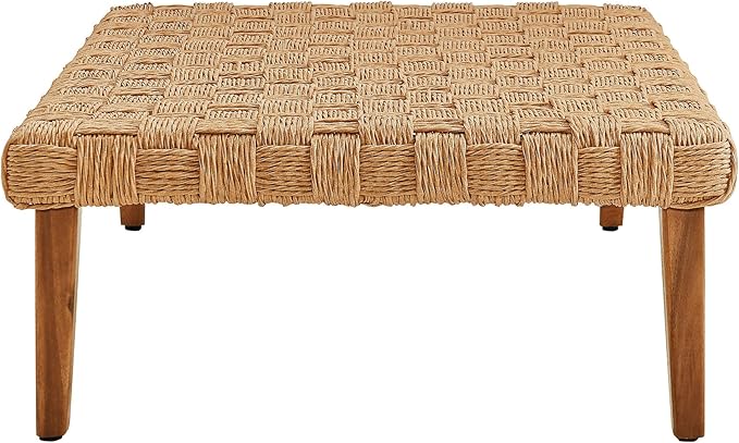 Modway Thames Wicker Rattan Outdoor Coffee Table in Natural - Low-Profile Rectangle Patio Table - Weather Resistant Outdoor Wicker Coffee Table with Acacia Wood Legs for Deck, Pool, Balcony, Garden