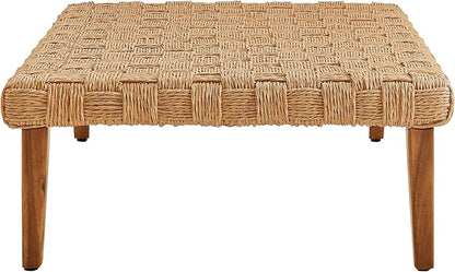 Modway Thames Wicker Rattan Outdoor Coffee Table in Natural - Low-Profile Rectangle Patio Table - Weather Resistant Outdoor Wicker Coffee Table with Acacia Wood Legs for Deck, Pool, Balcony, Garden