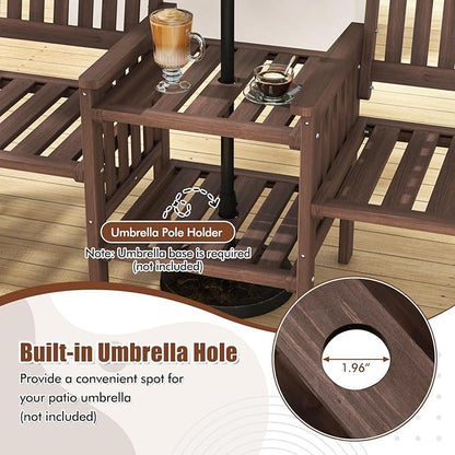 Tangkula Outdoor Fir Wood Loveseat with 2-Tier Side Table and Umbrella Hole, 2-Seater Patio Garden Bench with Armrests and Slatted Seats, Outdoor Table and Chairs Set for Porch and Balcony