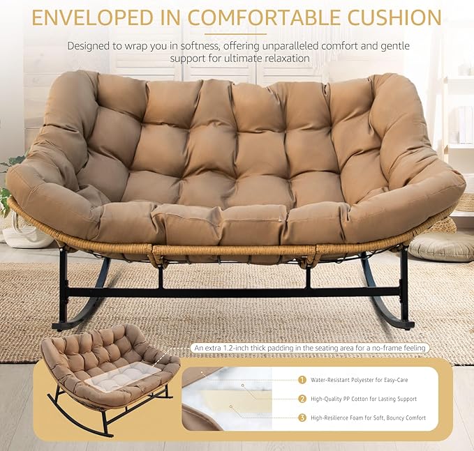 NICESOUL Oversized Double Rocking Papasan Chair with Cushion, 2 Person Big Wicker Outdoor Comfy Recliner, Large Heavy Duty 700 lbs Loveseat for Patio, Balcony, Backyard