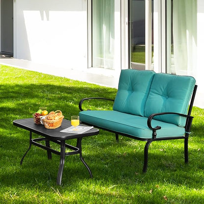RELAX4LIFE Patio Loveseat with Coffee Table - 2-Piece Patio Conversation Sofa Set w/Backrest & Cushions, Modern Outdoor Glider Bench for Garden, Backyard, Poolside, Metal Porch Furniture (Turquoise)