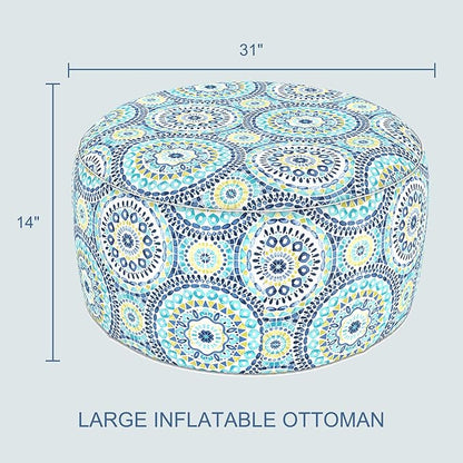 LVTXIII Indoor/Outdoor Extra Large Inflatable Ottoman Pouf D31 x H14 Inch, Round Footstool with Handle, Weather-Resistant Portable Furniture for Patio, Camping, Beach, Delancey Lagoon