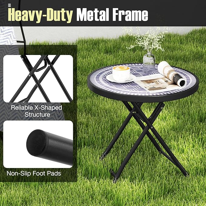 Tangkula Round Folding Side Table, 18 Inch Patio Coffee Table with Tempered Glass Tabletop and Metal Frame - Photo 6