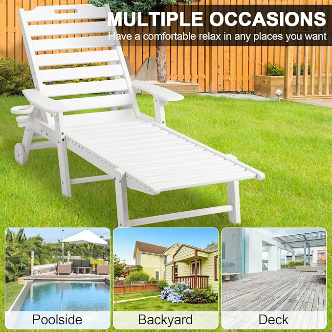VINGLI HDPE Outdoor Chaise Lounge Chair with Wheels, Patio Lounge Chairs with 5-Position Adjustable Backrest - Photo 7