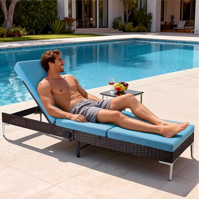 HOMREST Outdoor Chaise with Pneumatic Adjustable Backrest, Rattan Pool Sunbathing Chair - Turquoise - Photo 6
