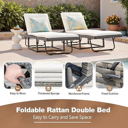 Devoko Lounge Chair Foldable Rattan Chaise Lounge 2-Pack, 5-Angle Adjustable Backrest Patio Chairs for Beach, Patio, Poolside (White)