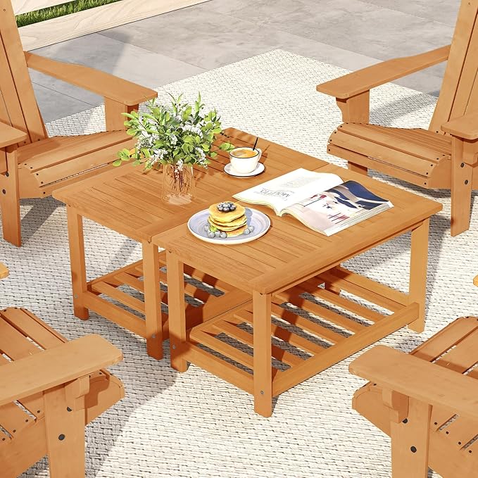 RELAX4LIFE 2-Tier Outdoor Coffee Table - Acacia Wood Rectangular Patio Center Table w/Slatted Tabletop & Storage Shelf - Photo 9