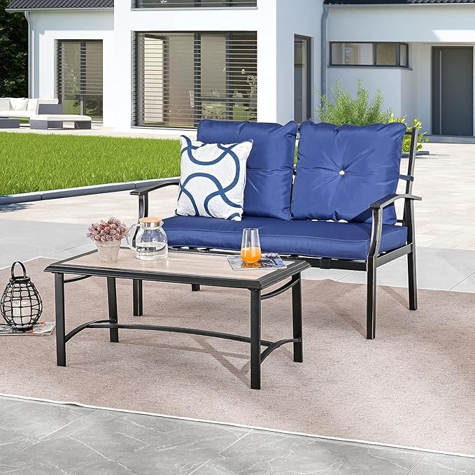 LOKATSE HOME Outdoor 2 Pcs Patio Loveseat Bench with Thick Cushions Coffee Table Metal Furniture Set Sofa for Garden Poolside Balcony
