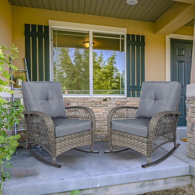 MEETWARM Outdoor Wicker Rocking Chairs Set of 2, Rattan Patio Rocker Chairs with Thick Cushions and High Back, All-Weather Patio Wicker Chair with Safe Rocking Design for Garden, Gray