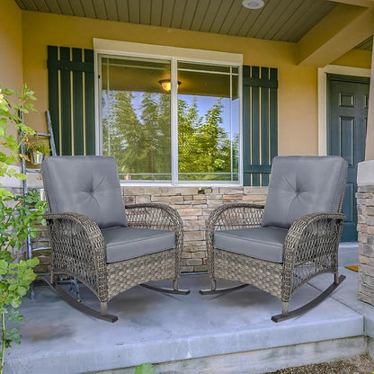 MEETWARM Outdoor Wicker Rocking Chairs Set of 2, Rattan Patio Rocker Chairs with Thick Cushions and High Back, All-Weather Patio Wicker Chair with Safe Rocking Design for Garden, Gray