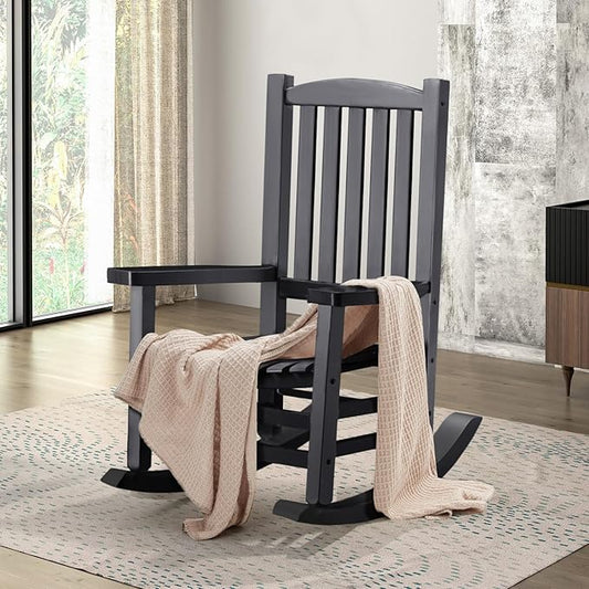 Wooden Rocking Chair Outdoor Oversized Porch Rocker Chair,Patio Wooden Rocker with High Back and Armrest,All Weather Rocker Slatted for Backyard,Garden,400 lbs Support,Black