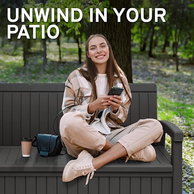 EconoHome 3 Seat Outdoor Storage Bench with Rain Cover - 90 Gallon Capacity - Weatherproof Resin Bench for Patio, Porch - Photo 6