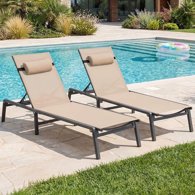 ONBRILL 2 PCS Chaise Lounge Chair Outdoor, Foldable & Assembly Free Outdoor Lounge Chair with 5 Position Adjustable Backrest, Aluminum Pool Lounge Chairs for Outside Poolside Patio Beach Lawn, Khaki
