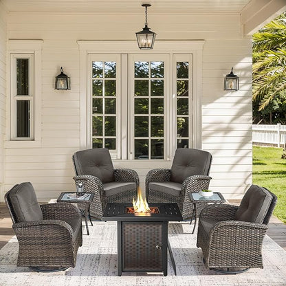 7 Pieces Patio Furniture with Fire Pit-High Back Swivel Patio Chairs Set of 4 with Outdoor Side Table Outdoor Patio Furniture Set for Deck Porch Garden Balcony Poolside-Brown/Grey