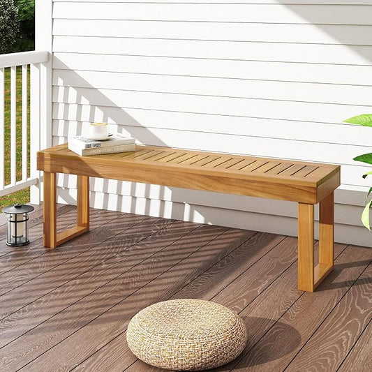 HAPPYGRILL Outdoor Acacia Wood Bench for 3-Person Patio Backless Farmhouse Bench with Slatted Seat, 800 LBS Heavy Duty Dining Bench for Entryway Porch Dining Room (1)