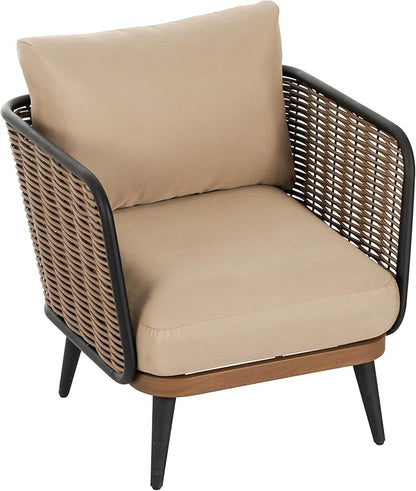 Christopher Knight Home Tobin Patio Wicker Accent Chair, Water-Resistant Cushion,Outdoor Lounge Chair,Woven Faux Rattan Backrest&Armrest,Sturdy Metal Frame Garden/Backyard Armchair,Brown+Black+Beige
