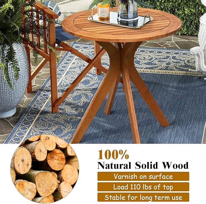 Eucalyptus Wood Round Table, Outdoor Patio Coffee Table, 27.5" x 27.5" x 30", Brown