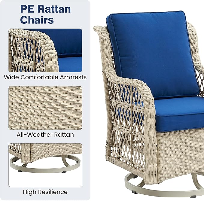 GAOMON 3 Piece Outdoor Patio Set, Wicker Rocking Bistro Set with 2 Swivel Chairs & Tempered Glass Top Table - Photo 7