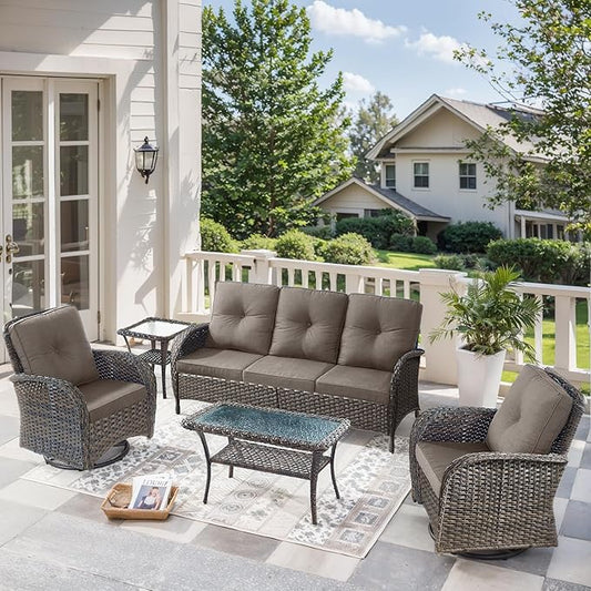 5 Pieces Wicker Patio Furniture Set-Outdoor Swivel Rocker Patio Chairs Patio Sofa Set with Tempered Glass Top Outdoor Coffee Table for Deck Lawn Porch Balcony Poolside-Brown/Grey