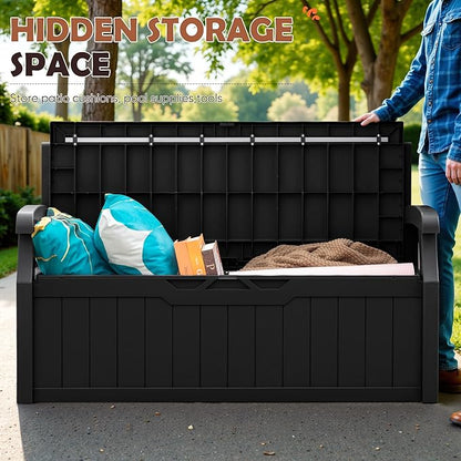 JUMMICO 80 Gallon Resin Outdoor Storage Bench, Large Deck Box with Armrest, Lockable&Waterproof for Garden, Home, Patio, Pools (Black, 80 Gallon)