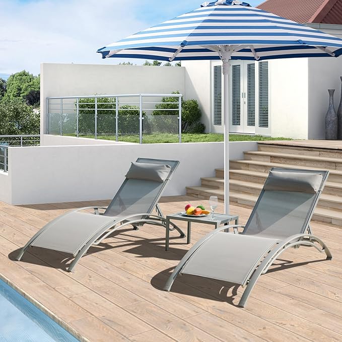 Domi Pool Lounge Chairs Set of 3, Adjustable Aluminum Outdoor Chaise Lounge Chairs with Metal Side Table - Photo 9