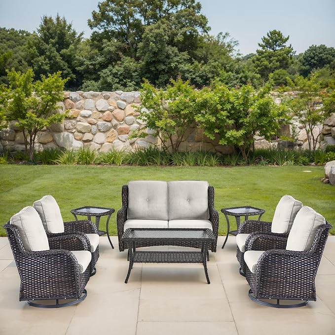 Patio Loveseat Glider Set, Resin Wicker Loveseat Glider with 4 Swivel Patio Chiars Coffee Table 2 Side Table, 8 Piece - Photo 1