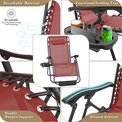 Athena Collection Zero Gravity Outdoor Lounge Chair Set of 2, 29" Width Pool Lounge Lawn Chairs Reclining with Cup Holder Foot Pad, Outdoor Chaise for Beach Patio Backyard Outside, Dark Red