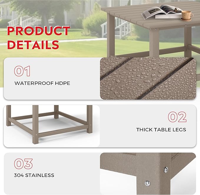 Costaelm Patio Conversation Table, Tatio Accent HDPE Outdoor Weather Resistant, Square Outdoor Porch Balcony Patio Drink Table for Outside, Pool, Backyard, Weathered Wood