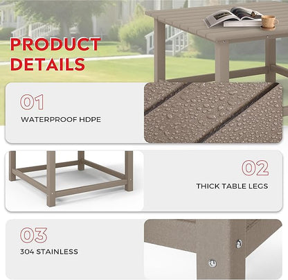 Costaelm Patio Conversation Table, Tatio Accent HDPE Outdoor Weather Resistant, Square Outdoor Porch Balcony Patio Drink Table for Outside, Pool, Backyard, Weathered Wood