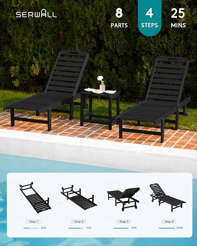 SERWALL Outdoor Chaise Lounge Set of 8, HDPE Pool Lounge Chairs with 5-Position Adjustable Backrest - Photo 9