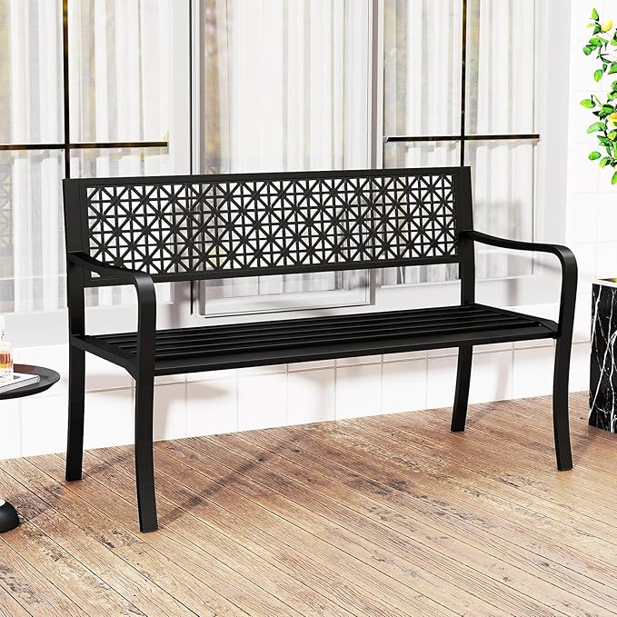 Tangkula Metal Outdoor Park Bench, 50 Inches Patio Garden Bench with Patterned Backrest and Curved Armrests, 2-3-Person Patio Bench, Outdoor Metal Loveseat Chair for Porch, Lawn, Yard and Park