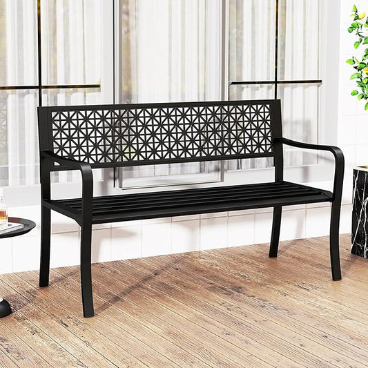 Tangkula Metal Outdoor Park Bench, 50 Inches Patio Garden Bench with Patterned Backrest and Curved Armrests, 2-3-Person Patio Bench, Outdoor Metal Loveseat Chair for Porch, Lawn, Yard and Park