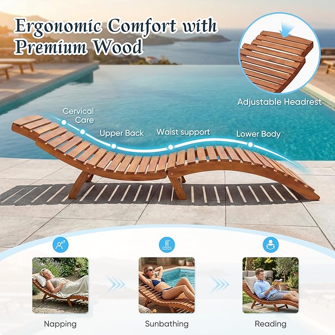 Flamaker Lounge Chairs for Outside Folding Acacia Wood Chaise Lounge with Side Handle Sun Lounger for Poolside, Lawn, Backyard (1 Piece)