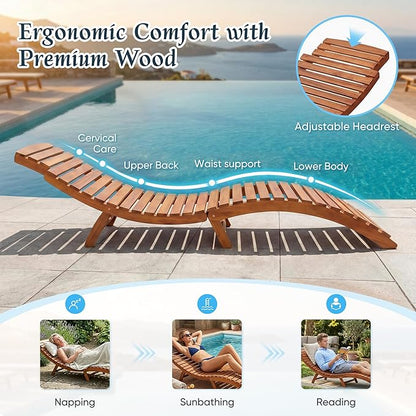 Flamaker Lounge Chairs for Outside Folding Acacia Wood Chaise Lounge with Side Handle Sun Lounger for Poolside, Lawn, Backyard (1 Piece)