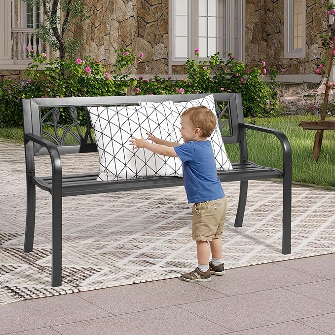 49in Patio Park Benches,PVC Tulip Backrest Iron Bench,Outdoor Garden Leisure Benches,Weatherproof Metal Park Bench,with Back and Armrests,for Outside Lawn Deck Patio Backyard Entryway (Black)