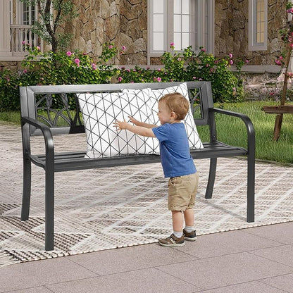 Black Garden Bench 49 inch Iron PVC, Outdoor Patio Bench, All-Weather Black Bench for Porch, Lawn, Backyard, Patio Park Outside Benches for Front Porch, Patio Seating Benchs