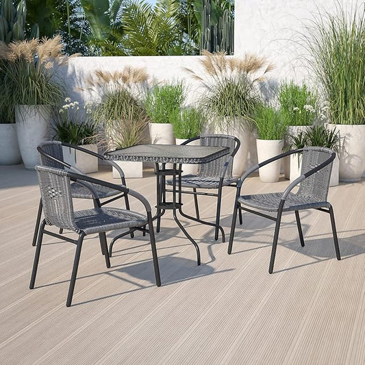 Flash Furniture Barker 28'' Square Tempered Glass Metal Table with Gray Rattan Edging