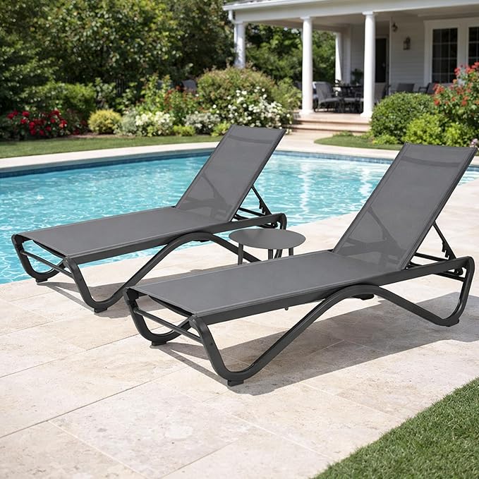Kozyard Outdoor Chaise Lounge Chair, Full Aluminum Frame and Textilene Fabric, Adjustable Reclining Patio Lounger for Poolside, Sunbathing & Backyard (Gray, 2Chairs with Table)