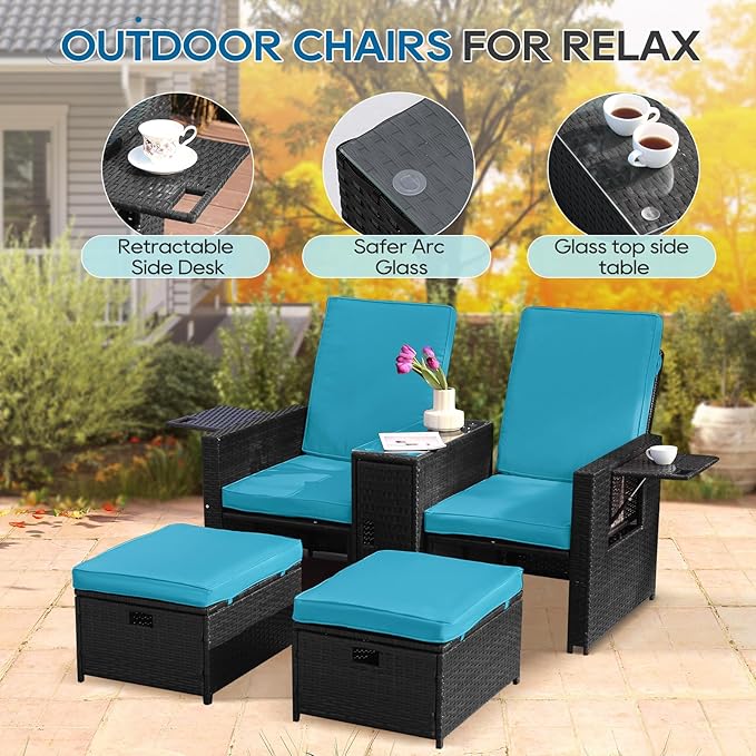 5PCS Outdoor Wicker Chaise Lounge Chair - Rattan Adjustable Reclining Patio Lounge Chair with Ottoman and Coffee Table - Photo 6