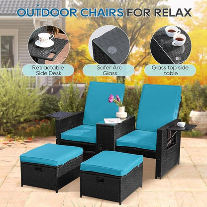 5PCS Outdoor Wicker Chaise Lounge Chair - Rattan Adjustable Reclining Patio Lounge Chair with Ottoman and Coffee Table, for Patio Beach Pool Backyard (Black Wicker Turquoise Cushion)