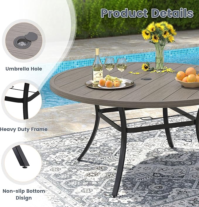 VICLLAX 53" Round Patio Dining Table for 6-8, Metal Outdoor Dining Table with Umbrella Hole for Garden, Patio, Balcony - Photo 4