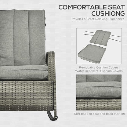 Outsunny Wicker Outdoor Rocking Chair, Patio Recliner with Adjustment Backrest, PE Rattan Lounge Chair with Adjustable Footrest and Cushions for Garden, Backyard, Porch, Gray