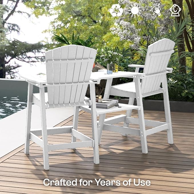 Tall Adirondack Chairs Set of 2 with Removable Tray, HDPE Bar Height Adirondack Bar Stools, High Back Patio Chairs for Balcony, Deck, Lawn, Backyard, All-Weather Outdoor Furniture, White