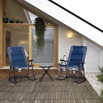 Outsunny 3 Piece Outdoor Patio Furniture Set with Glass Coffee Table & 2 Folding Padded Rocking Chairs, Bistro Style for Porch, Camping, Balcony, Navy Blue