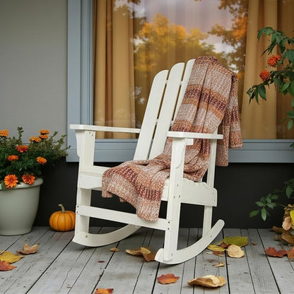 Shine Company Marina Adirondack Porch Rocker, Indoor Outdoor Wood Rocking Chair, Eggshell White