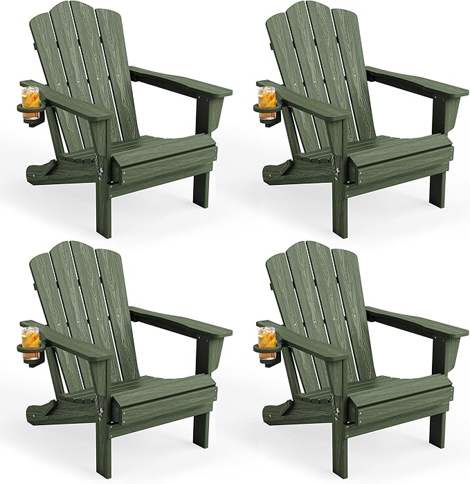 KINGYES Folding Adirondack Chair Set of 4, HDPE All-Weather Patio Chairs with Cup Holder, Wooden TextuAruba Fire Pit Chairs for Poolside, Backyard, Deck, Avocado