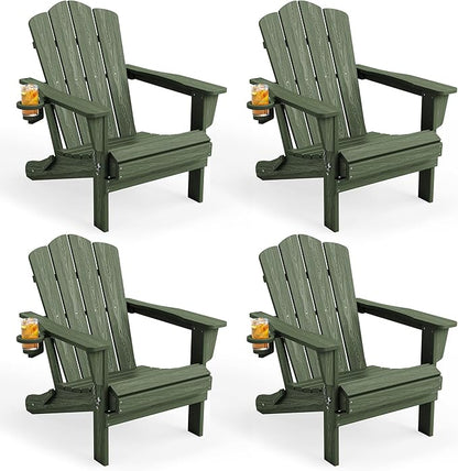 KINGYES Folding Adirondack Chair Set of 4, HDPE All-Weather Patio Chairs with Cup Holder, Wooden TextuAruba Fire Pit Chairs for Poolside, Backyard, Deck, Avocado