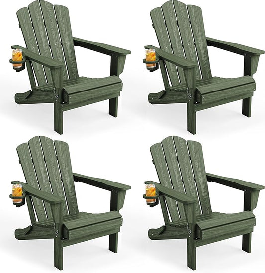 KINGYES Folding Adirondack Chair Set of 4, HDPE All-Weather Patio Chairs with Cup Holder, Wooden TextuAruba Fire Pit Chairs for Poolside, Backyard, Deck, Avocado